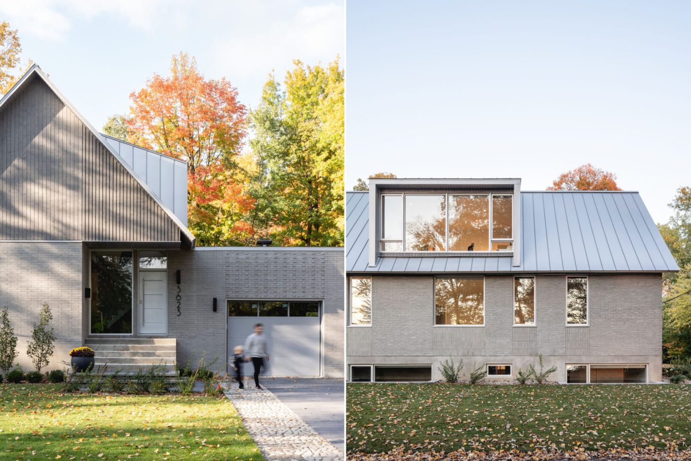 Façade avec entrée et garages + Façade sur rue avec immense lucarne